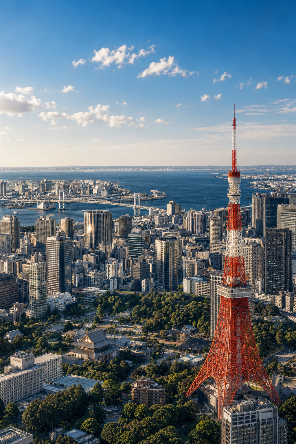 Tokyo Tower and Rainbow Bridge overlooking Tokyo Bay